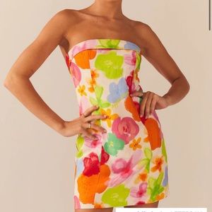 Multi-floral linen strapless mini dress